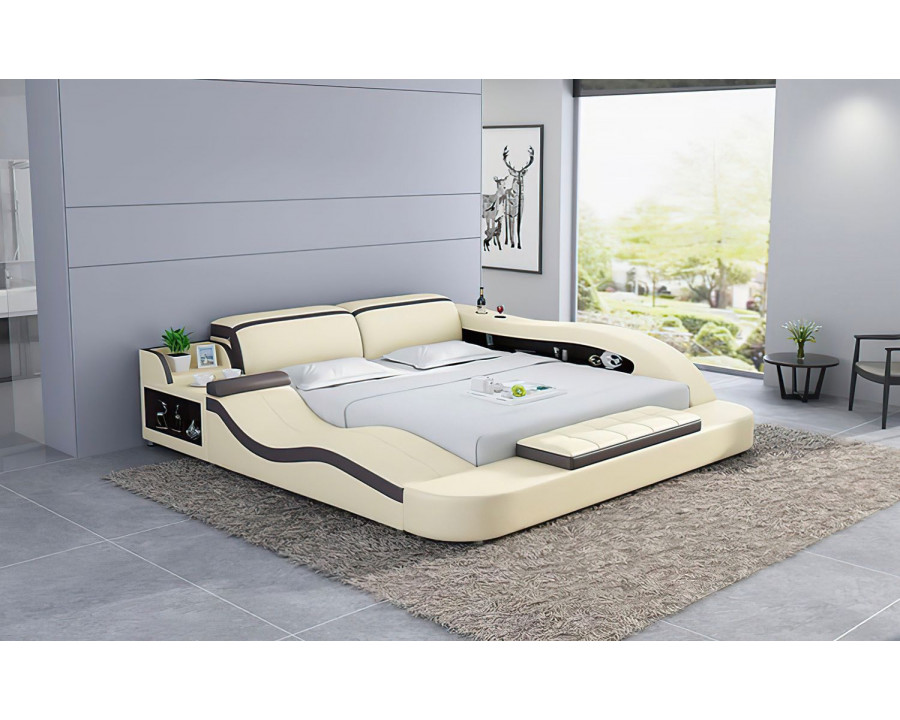 Jubilee Victor Multifunctional Queen Size Left Hand Facing Bed with Storage - Beige/Dark Brown, Bonded Leather