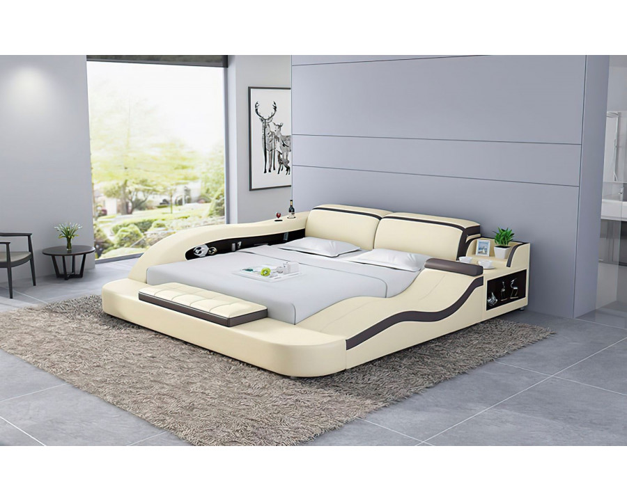 Jubilee Victor Multifunctional Queen Size Right Hand Facing Bed with Storage - Beige/Dark Brown, Bonded Leather