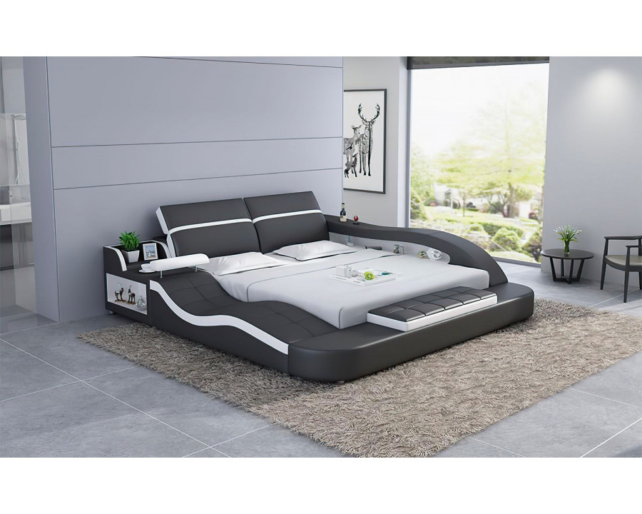 Jubilee Victor Multifunctional Queen Size Left Hand Facing Bed with Storage - Black/White, Bonded Leather