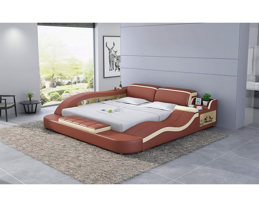 Jubilee Victor Multifunctional Queen Size Right Hand Facing Bed with Storage - Brown/Beige, Bonded Leather