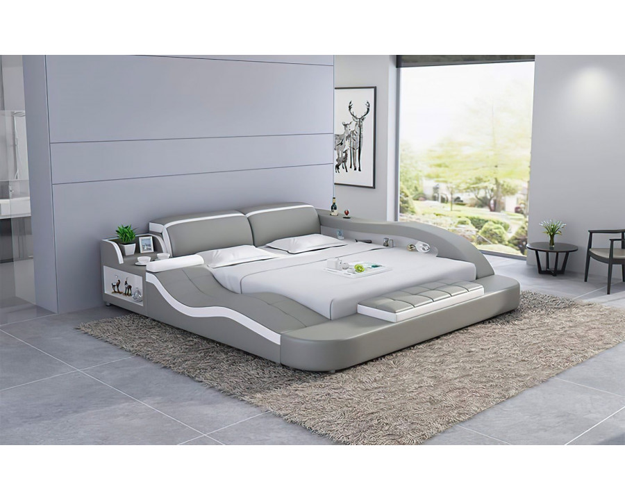 Jubilee Victor Multifunctional Queen Size Left Hand Facing Bed with Storage - Gray/White, Bonded Leather