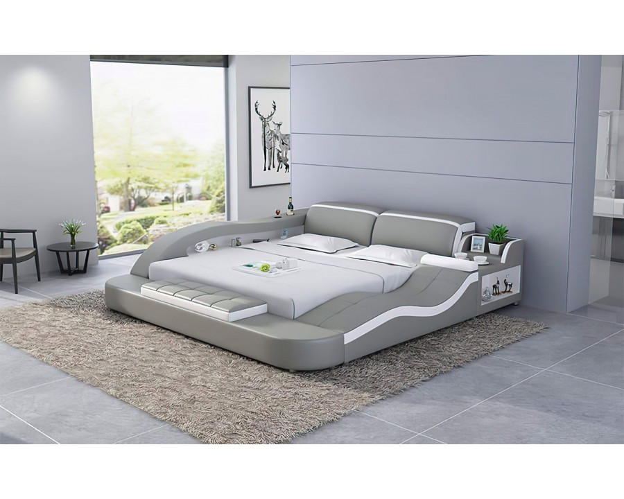 Jubilee Victor Multifunctional Queen Size Right Hand Facing Bed with Storage - Gray/White, Bonded Leather