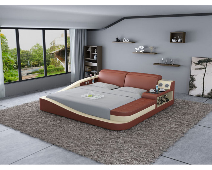 Jubilee Rebino Queen Size Left Hand Facing Bed with Storage - Brown/Beige, Top Grain Italian Leather