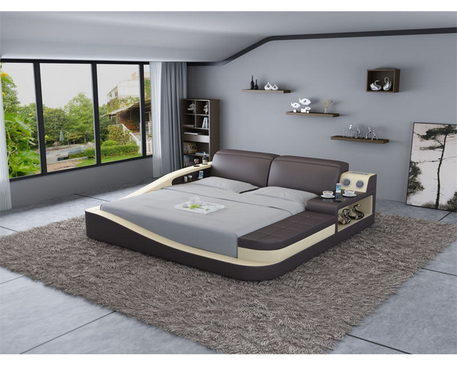 Jubilee Rebino Queen Size Left Hand Facing Bed with Storage - Dark Brown/Beige, Bonded Leather