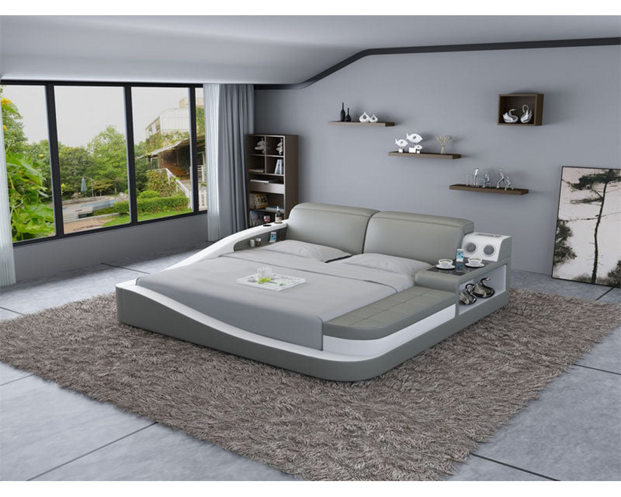 Jubilee Rebino Queen Size Left Hand Facing Bed with Storage - Light Gray/White, Bonded Leather