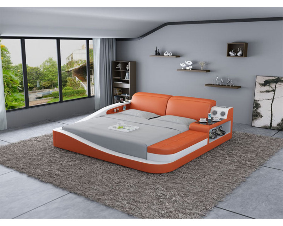 Jubilee Rebino Queen Size Left Hand Facing Bed with Storage - Orange/White, Top Grain Italian Leather