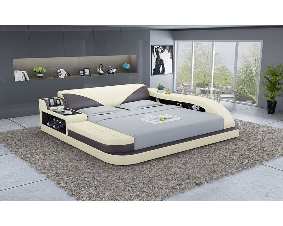 Jubilee Plaff Queen Size Left Hand Facing Bed with Storage - Beige/Dark Brown, Bonded Leather