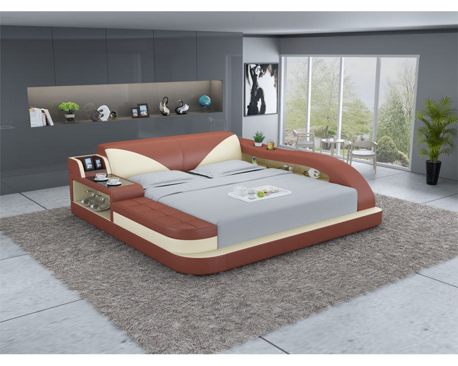 Jubilee Plaff Queen Size Left Hand Facing Bed with Storage - Brown/Beige, Top Grain Italian Leather