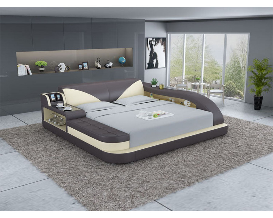 Jubilee Plaff Queen Size Left Hand Facing Bed with Storage - Dark Brown/Beige, Bonded Leather