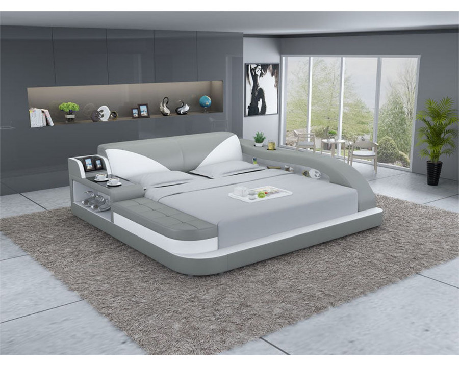 Jubilee Plaff Queen Size Left Hand Facing Bed with Storage - Light Gray/White, Bonded Leather