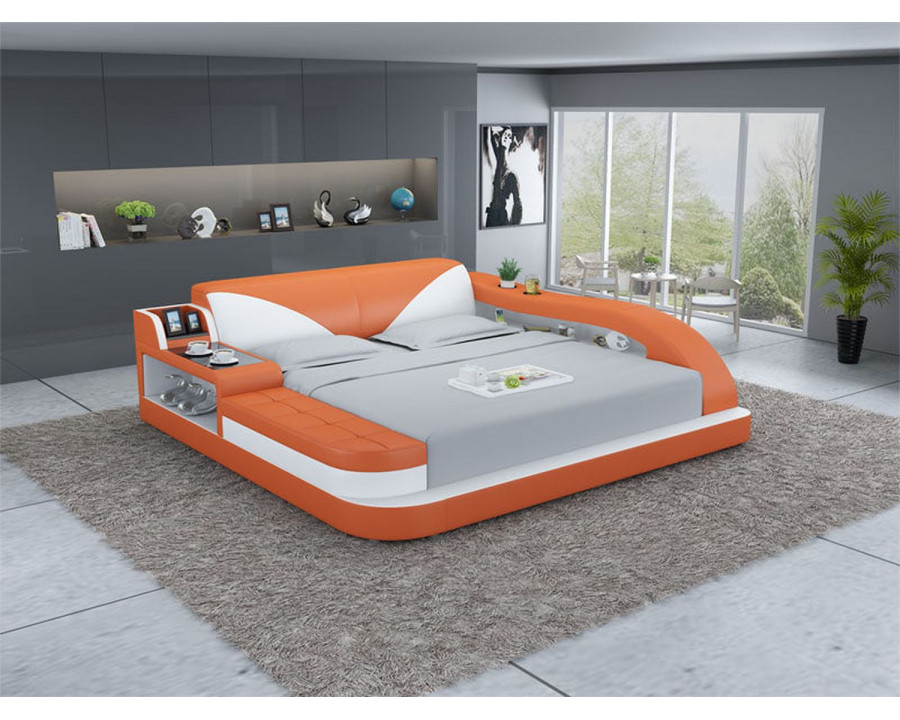 Jubilee Plaff Queen Size Left Hand Facing Bed with Storage - Orange/White, Top Grain Italian Leather