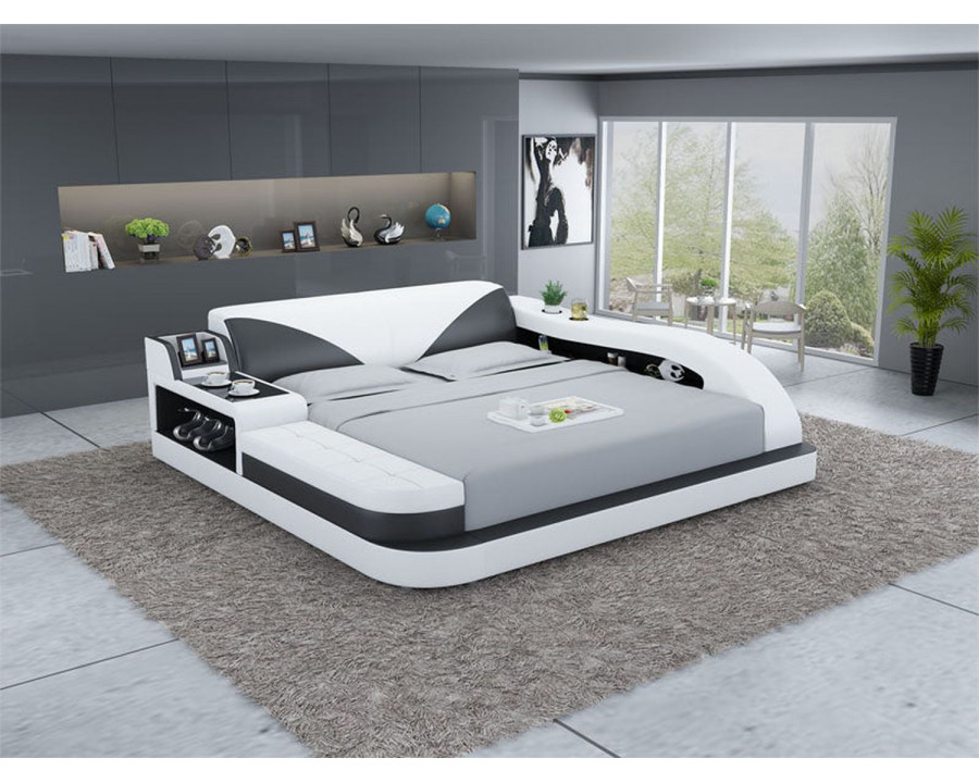 Jubilee Plaff Queen Size Left Hand Facing Bed with Storage - White/Black, Bonded Leather