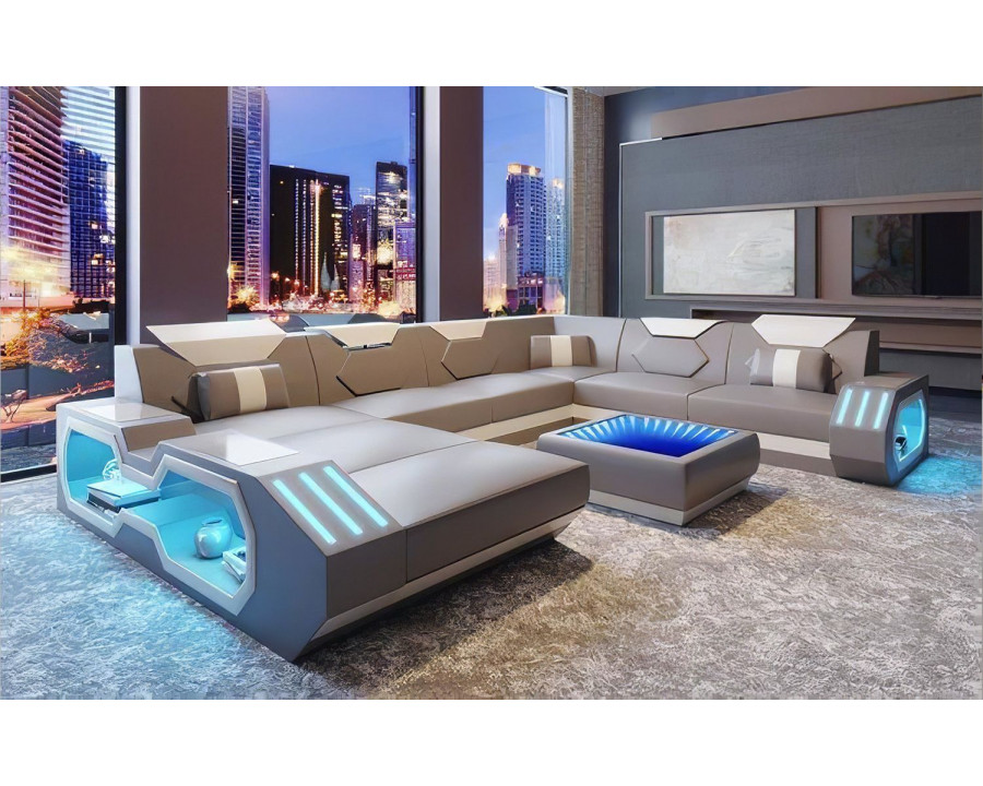 Jubilee Sahara Modern Left Hand Facing Sectional with Led - Gray/White, Bonded Leather