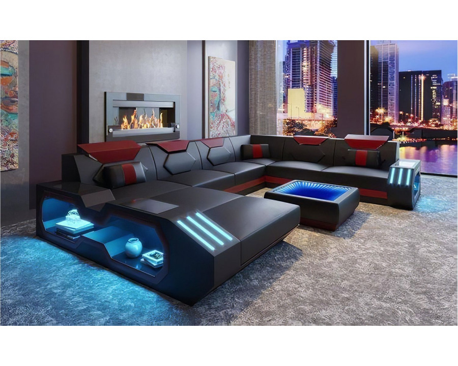 Jubilee Sahara Modern Left Hand Facing Sectional with Led - Black/Red, Bonded Leather