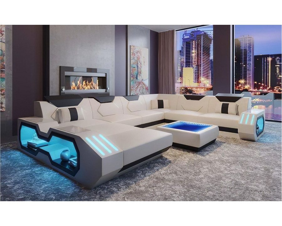 Jubilee Sahara Modern Left Hand Facing Sectional with Led - White/Black, Bonded Leather