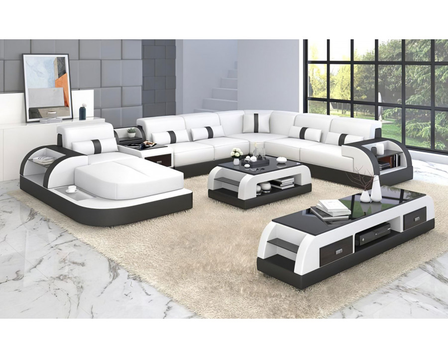 Jubilee Piliu Modern U-Shape Left Hand Facing Sectional - White/Black, Bonded Leather