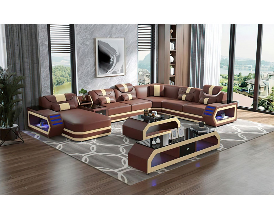 Jubilee Oject Modern Left Hand Facing Sectional with Led - Brown/Beige, Bonded Leather