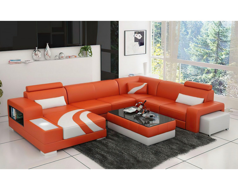 Jubilee Lawrence Left Hand Facing Sectional with Ottoman - Orange/White, Bonded Leather