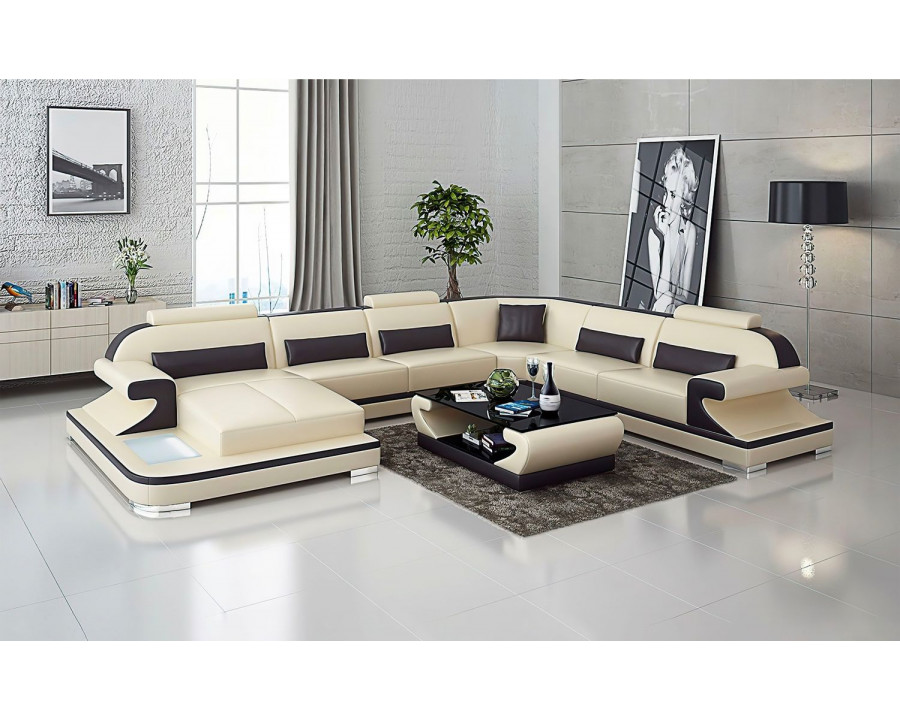 Jubilee Josia Large Left Hand Facing Sectional Sofas with Adjustable Headrest - Beige/Dark Brown, Bonded Leather