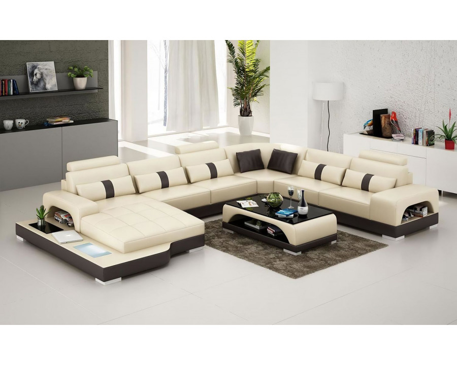 Jubilee Mequon Large Left Hand Facing Sectional with Leds - Beige/Dark Brown, Bonded Leather