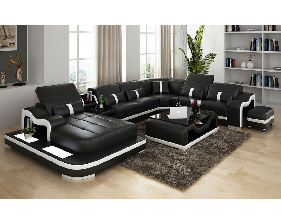 Jubilee Sydney Large Left Hand Facing Sectional with Side Table - Black/White, Bonded Leather