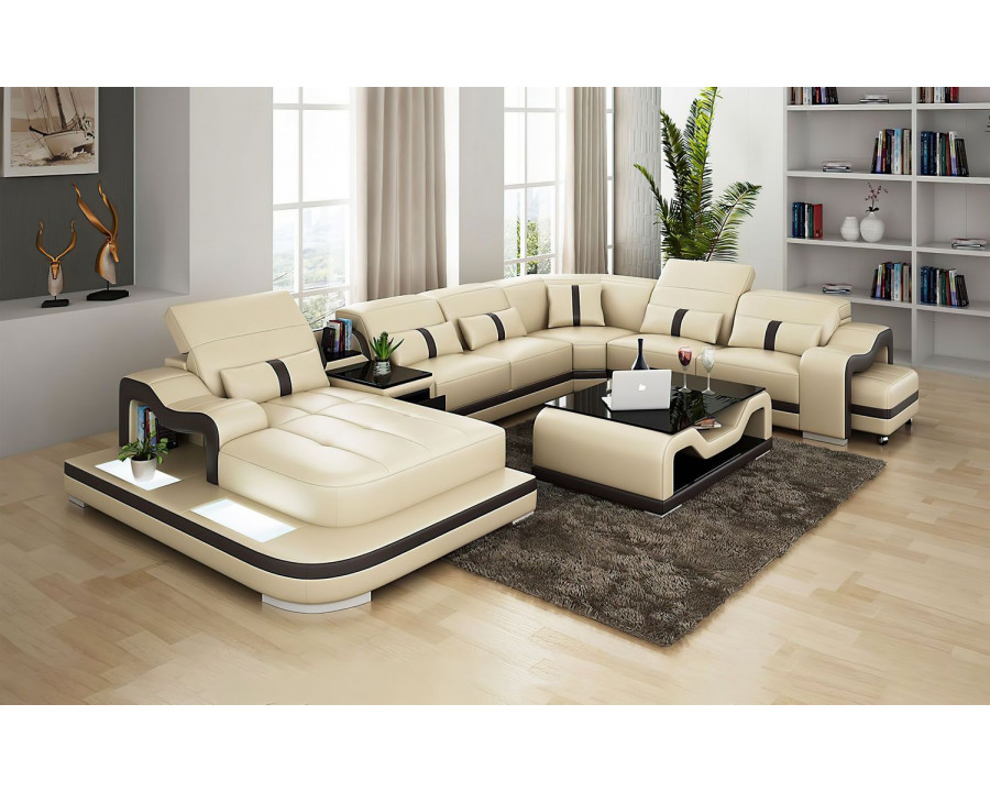 Jubilee Sydney Large Left Hand Facing Sectional with Side Table - Beige/Dark Brown, Bonded Leather