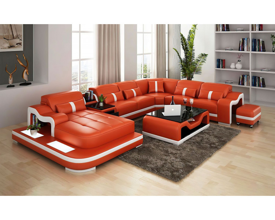 Jubilee Sydney Large Left Hand Facing Sectional with Side Table - Orange/White, Bonded Leather