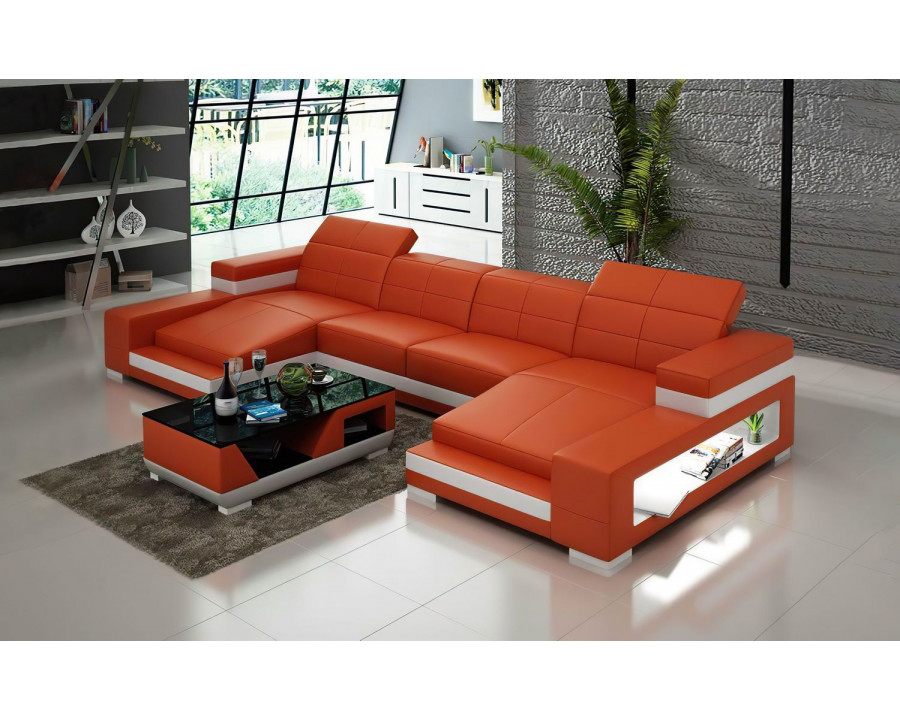 Jubilee Ainslee Modern Sectional Couch with Led - Orange/White, Bonded Leather