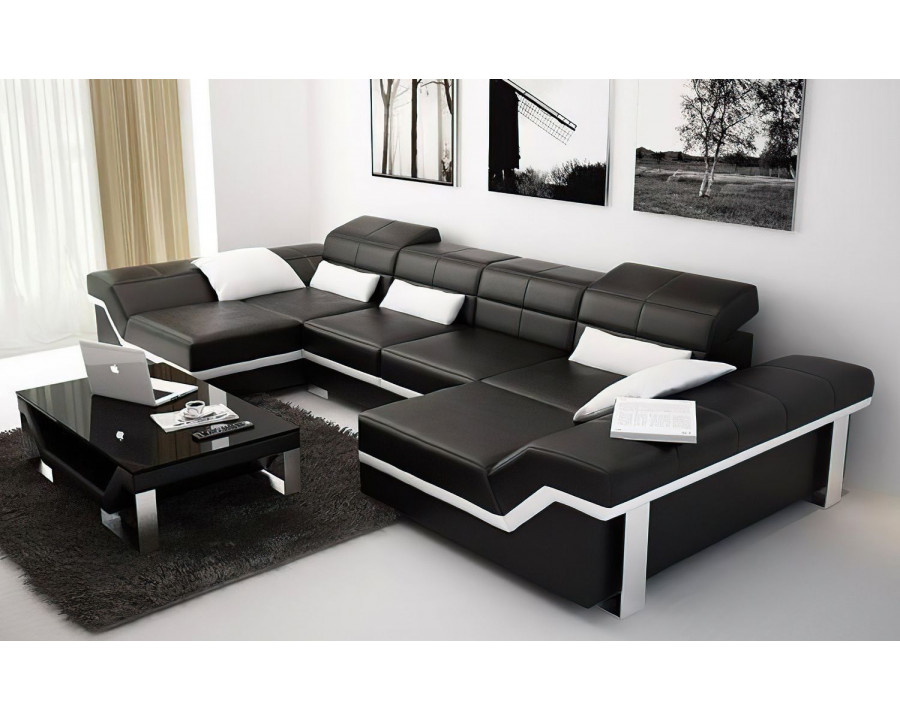 Jubilee Kaniel Sectional with Adjustable Headrest - Black/White, Bonded Leather