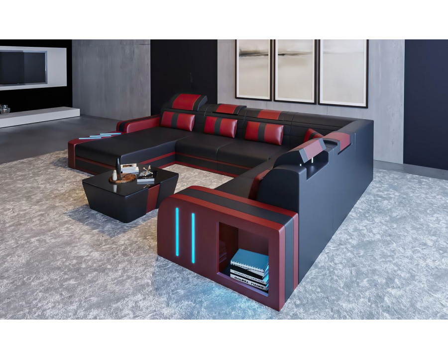 Jubilee Ralutic Modern U-Shape Left Hand Facing Sectional - Black/Red, Top Grain Italian Leather