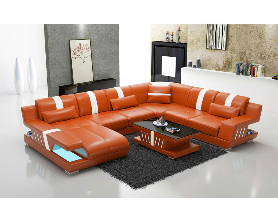 Jubilee Yuli Modern U-Shape Left Hand Facing Sectional - Orange/White, Top Grain Italian Leather