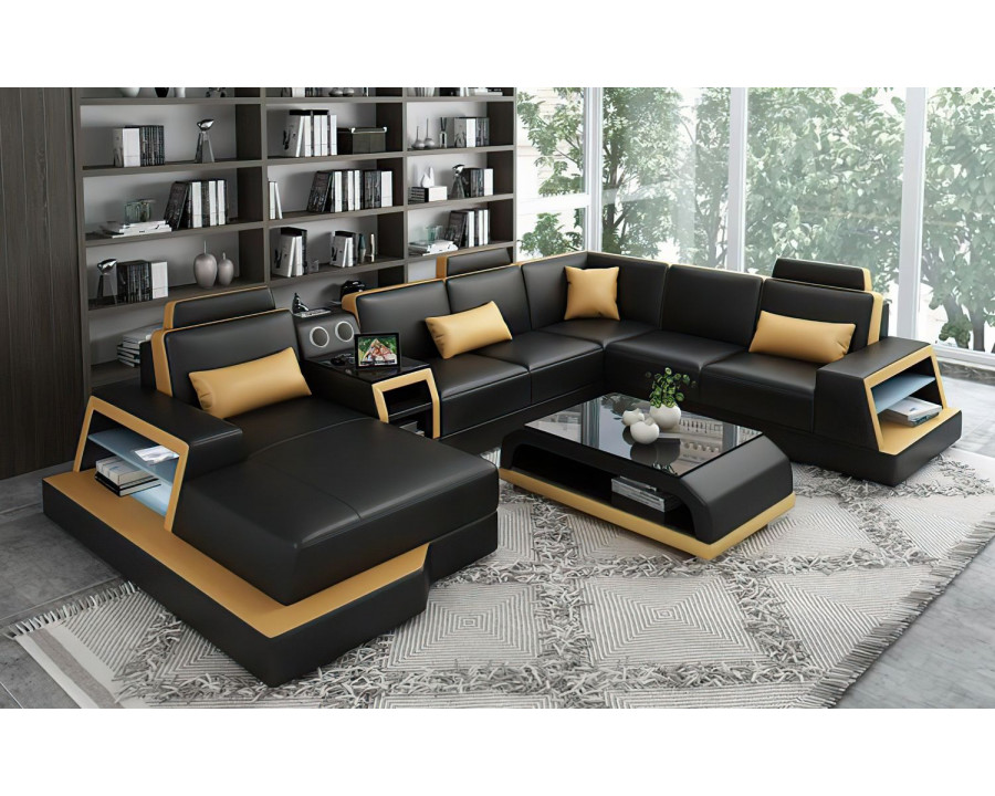 Jubilee Civia Modern Left Hand Facing Sectional with Console Table - Black/Tan, Top Grain Italian Leather