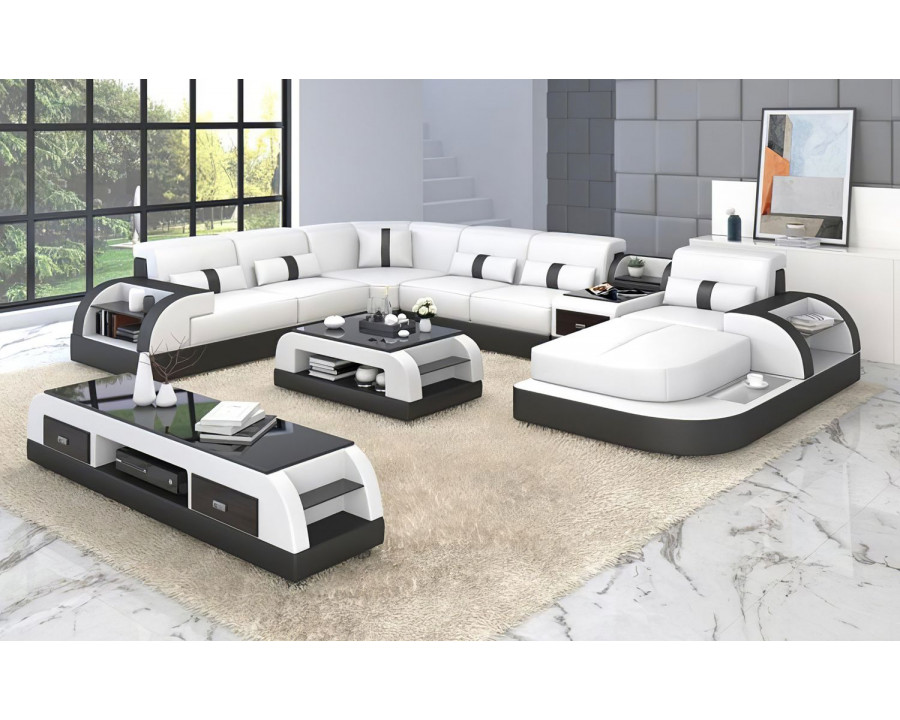 Jubilee Piliu Modern U-Shape Right Hand Facing Sectional - White/Black, Bonded Leather