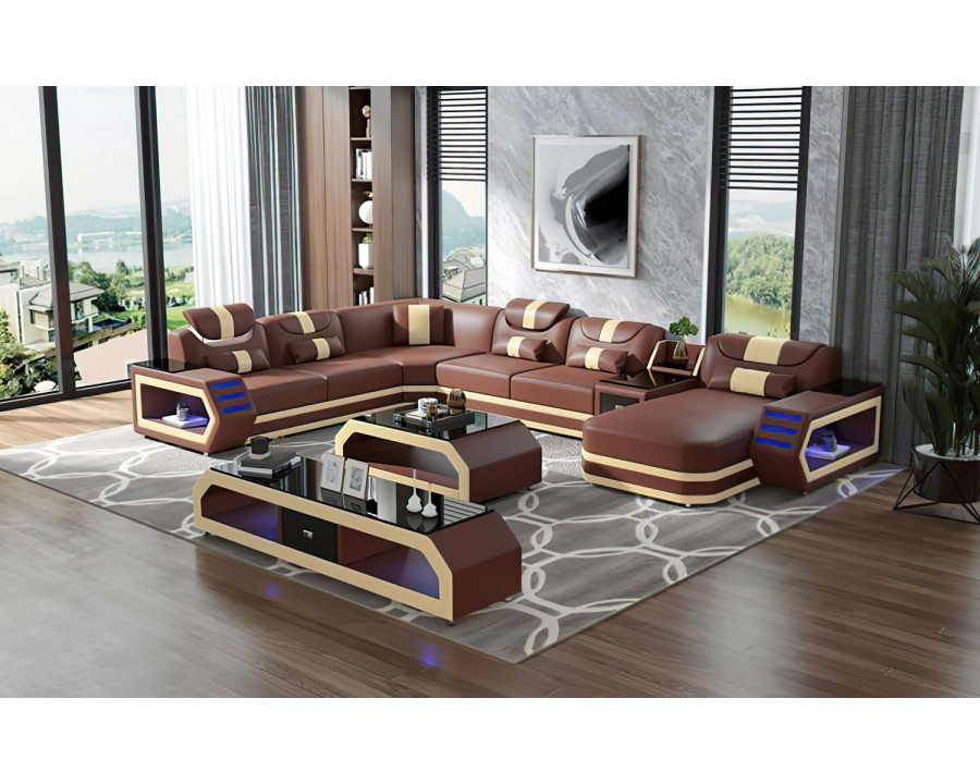 Jubilee Oject Modern Right Hand Facing Sectional with Led - Brown/Beige, Bonded Leather