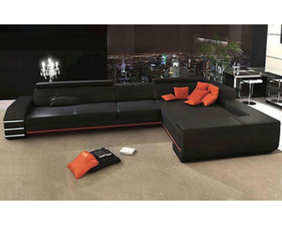 Jubilee Hober Right Hand Facing Sectional with Chaise - Black/Orange, Bonded Leather