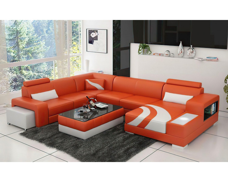 Jubilee Lawrence Right Hand Facing Sectional with Ottoman - Orange/White, Bonded Leather