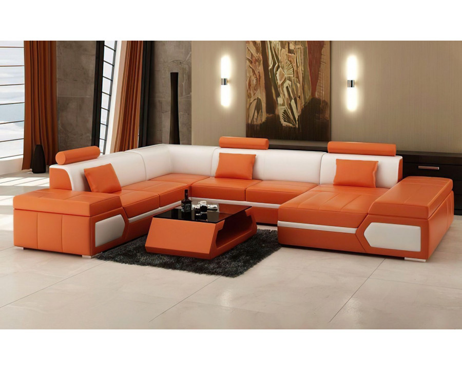 Jubilee Lanz Modern Right Hand Facing Sectional with Chaise - Orange/White, Bonded Leather