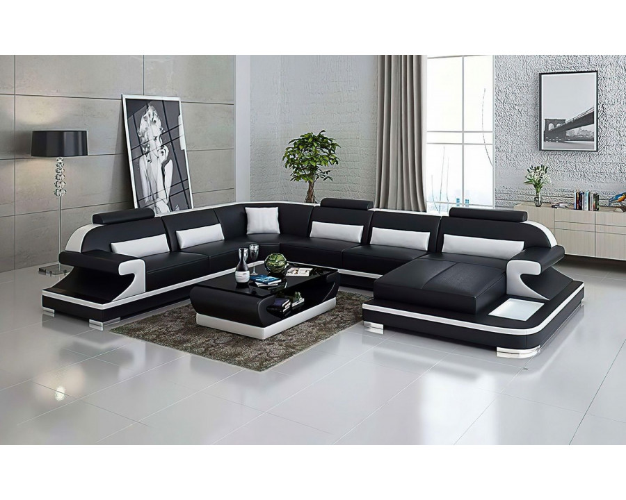 Jubilee Josia Large Right Hand Facing Sectional Sofas with Adjustable Headrest - Black/White, Bonded Leather