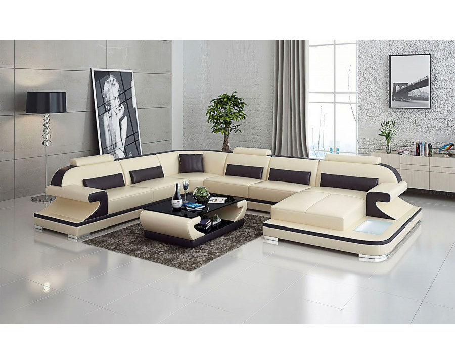 Jubilee Josia Large Right Hand Facing Sectional Sofas with Adjustable Headrest - Beige/Dark Brown, Bonded Leather