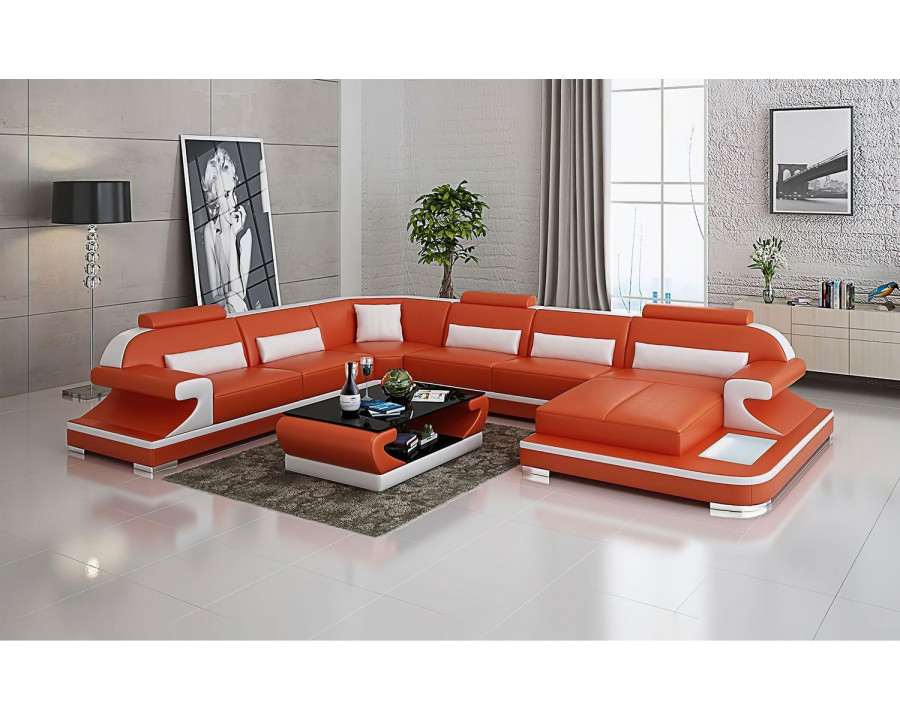 Jubilee Josia Large Right Hand Facing Sectional Sofas with Adjustable Headrest - Orange/White, Bonded Leather