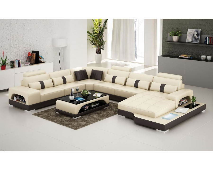 Jubilee Mequon Large Right Hand Facing Sectional with Leds - Beige/Dark Brown, Bonded Leather