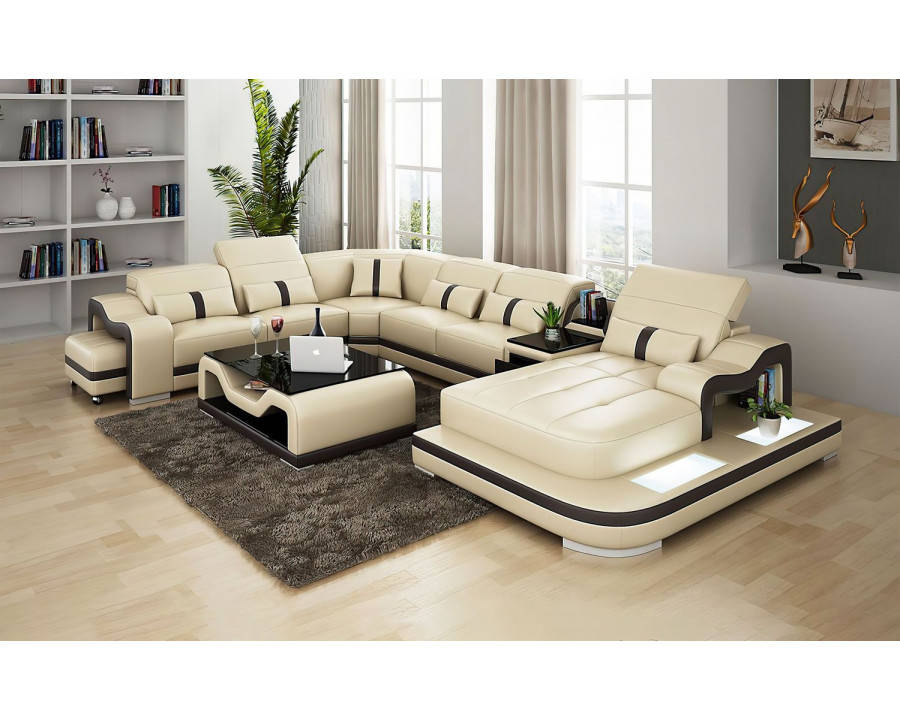 Jubilee Sydney Large Right Hand Facing Sectional with Side Table - Beige/Dark Brown, Bonded Leather