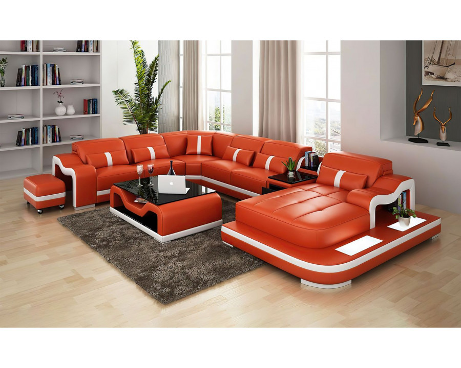 Jubilee Sydney Large Right Hand Facing Sectional with Side Table - Orange/White, Bonded Leather