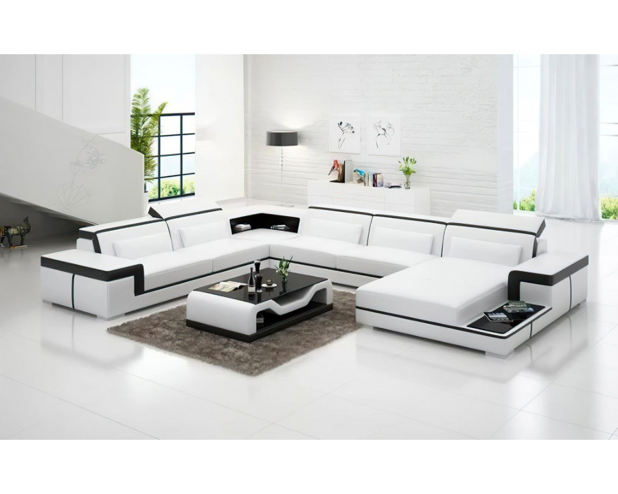 Jubilee Perrault Right Hand Facing Sectional with Adjustable Headrest - White/Black, Bonded Leather