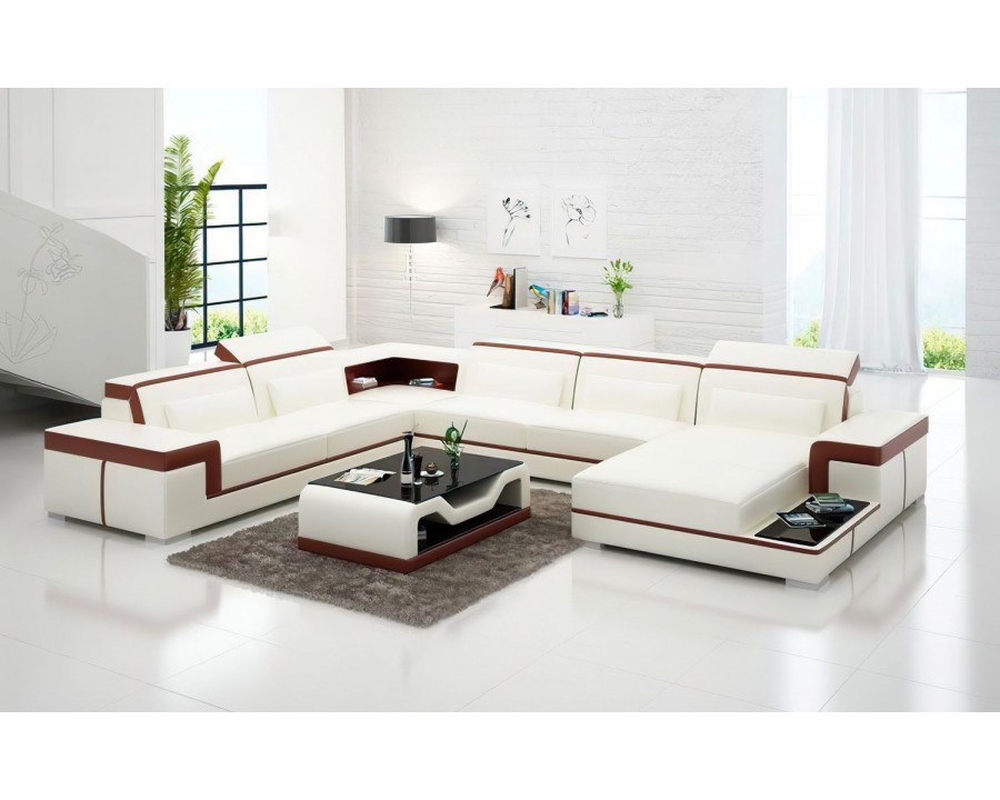 Jubilee Perrault Right Hand Facing Sectional with Adjustable Headrest - White/Brown, Bonded Leather