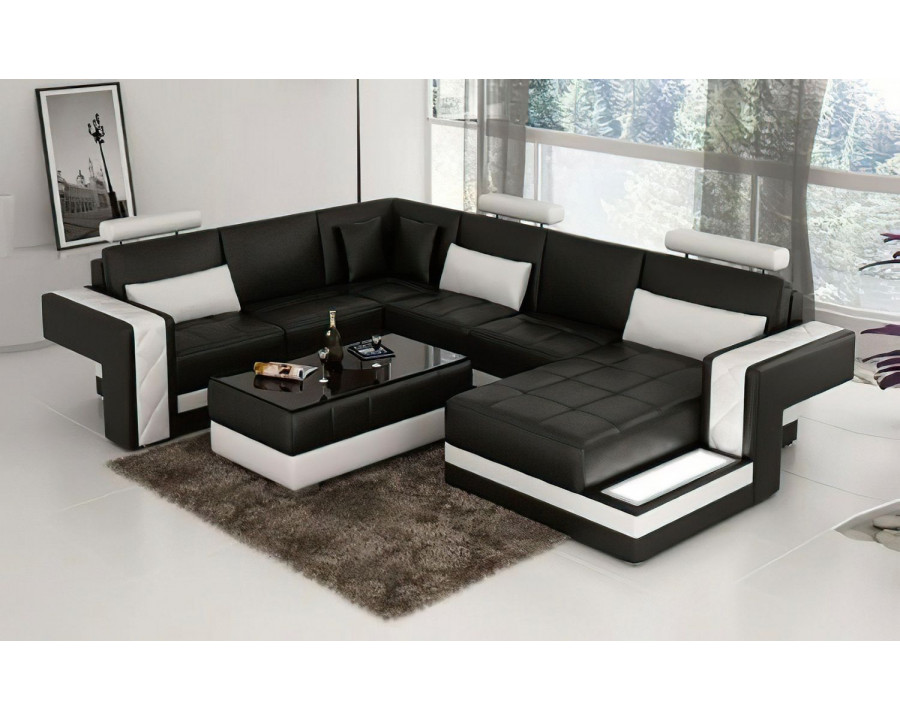 Jubilee Cuko Modern Large Right Hand Facing Sectional with Led - Black/White, Bonded Leather