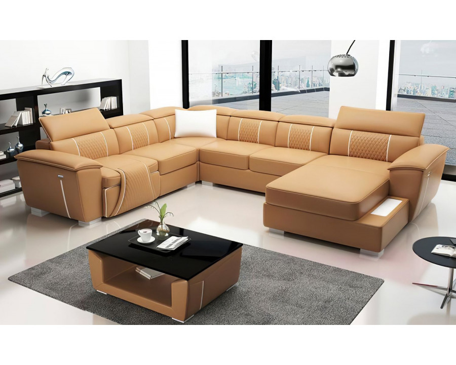 Jubilee Uli Modern U-Shape Right Hand Facing Sectional - Tan/White, Top Grain Italian Leather