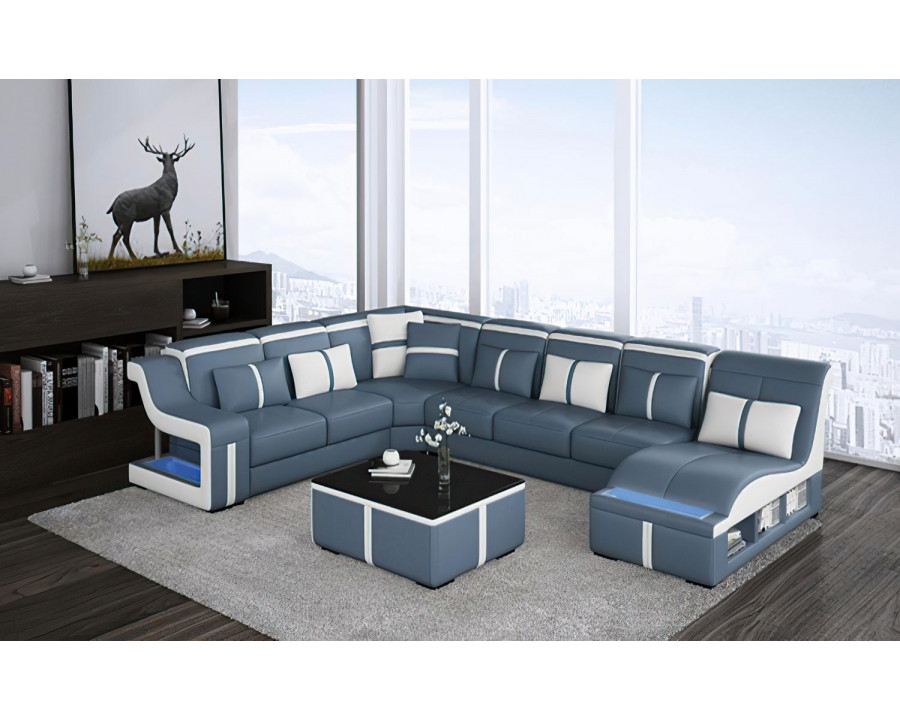 Jubilee Lisa Modern U-Shape Right Hand Facing Sectional - Blue/White, Top Grain Italian Leather