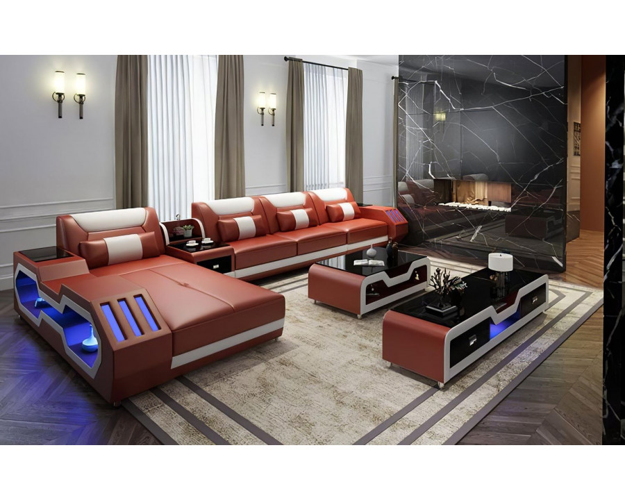 Jubilee Omont Small Right Hand Facing Sectional with Chaise - Brown/White, Bonded Leather