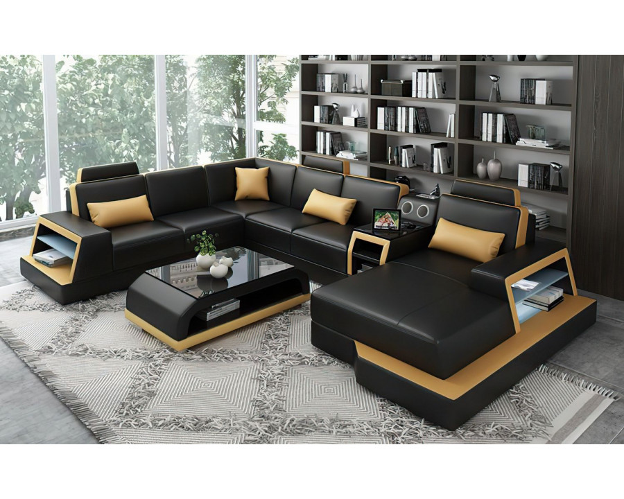 Jubilee Civia Modern Right Hand Facing Sectional with Console Table - Black/Tan, Top Grain Italian Leather